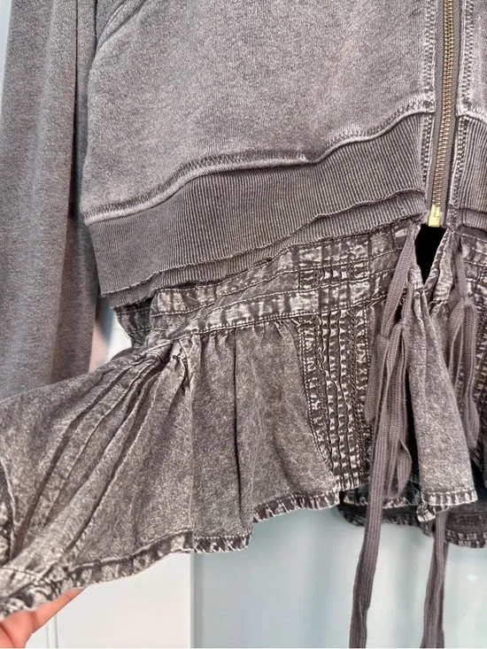 Free People When Worlds Meet Hoodie Large Gray Black Distressed Zip Sweatshirt - Picture 8 of 15